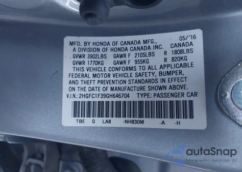 2016 Honda Civic Ex-T z USA, uszkodzony, nr VIN 2HGFC1F39GH646704